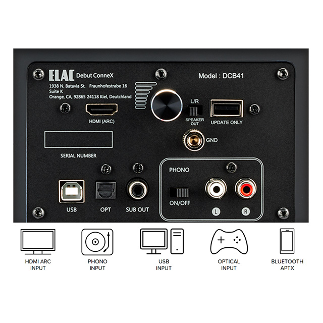 ELAC Debut ConneX DCB41 aktyvios garso kolonėlės, HDMI, Bluetooth, Sub out, Phono amp