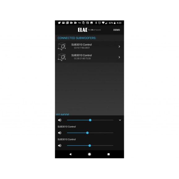 ELAC SUB3030 aktyvi žemų dažnių kolonėlė , visi parametrai valdomi išmaniąja  ELAC SubEQ programėle