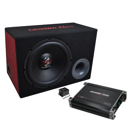 Ground Zero 12.300X-II Bass Kit  komplektas  žemų dažnių kolonėlė, stiprintuvas ir pajungimo laidai .