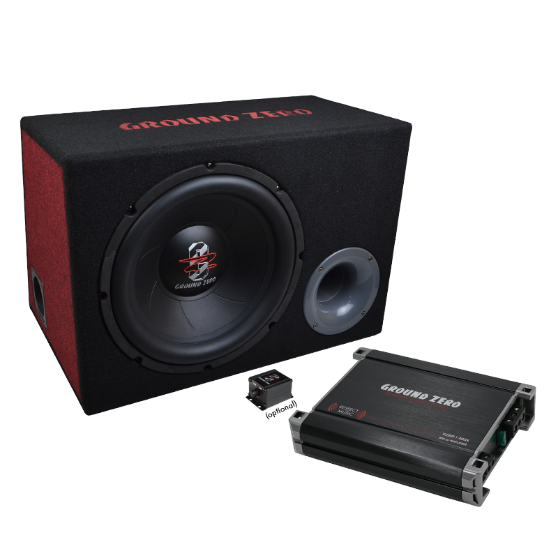 Ground Zero 12.300X-II Bass Kit  komplektas  žemų dažnių kolonėlė, stiprintuvas ir pajungimo laidai .